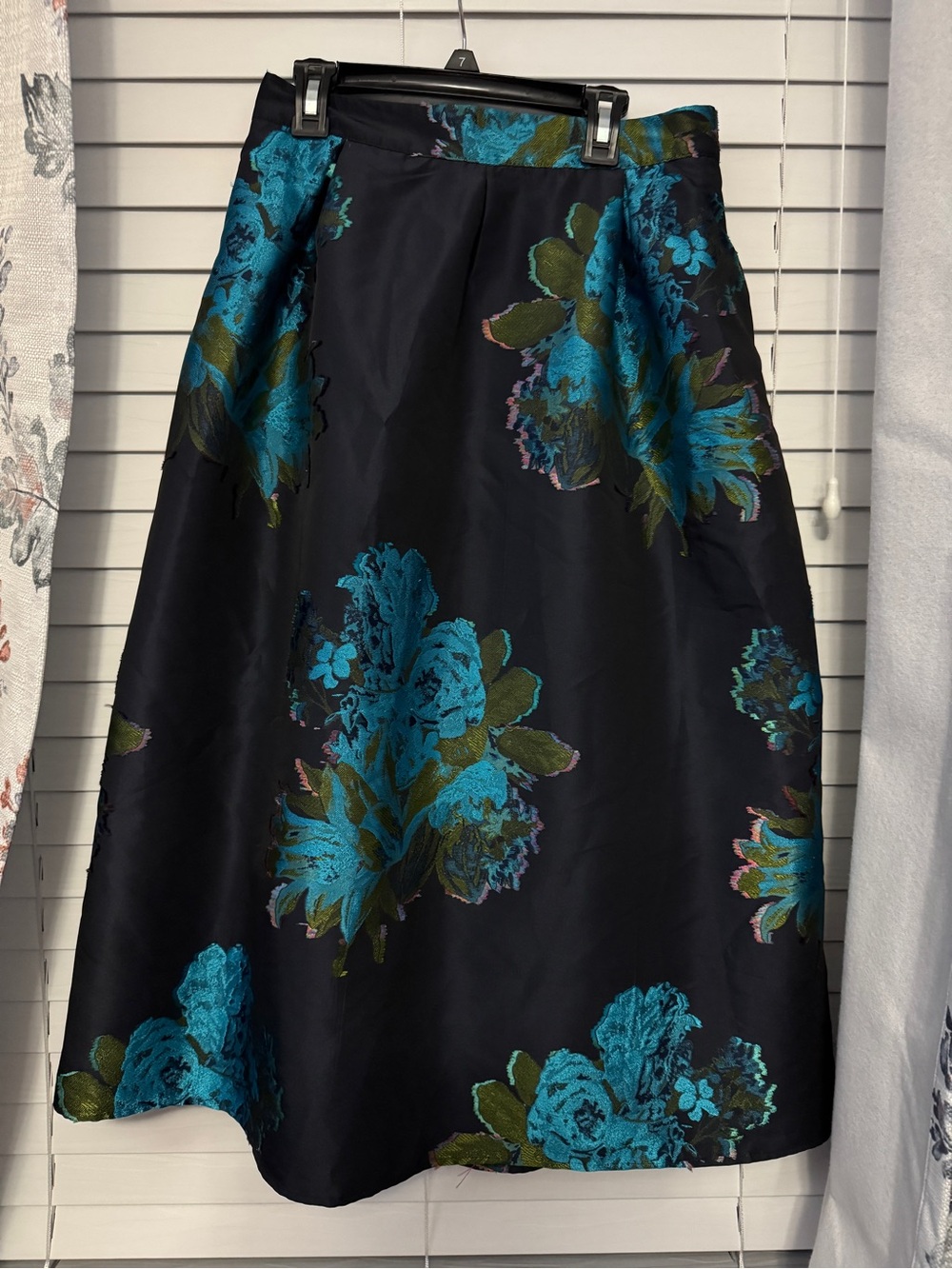 Maeve Black Midi Skirt with Teal and Olive Floral Jacquard